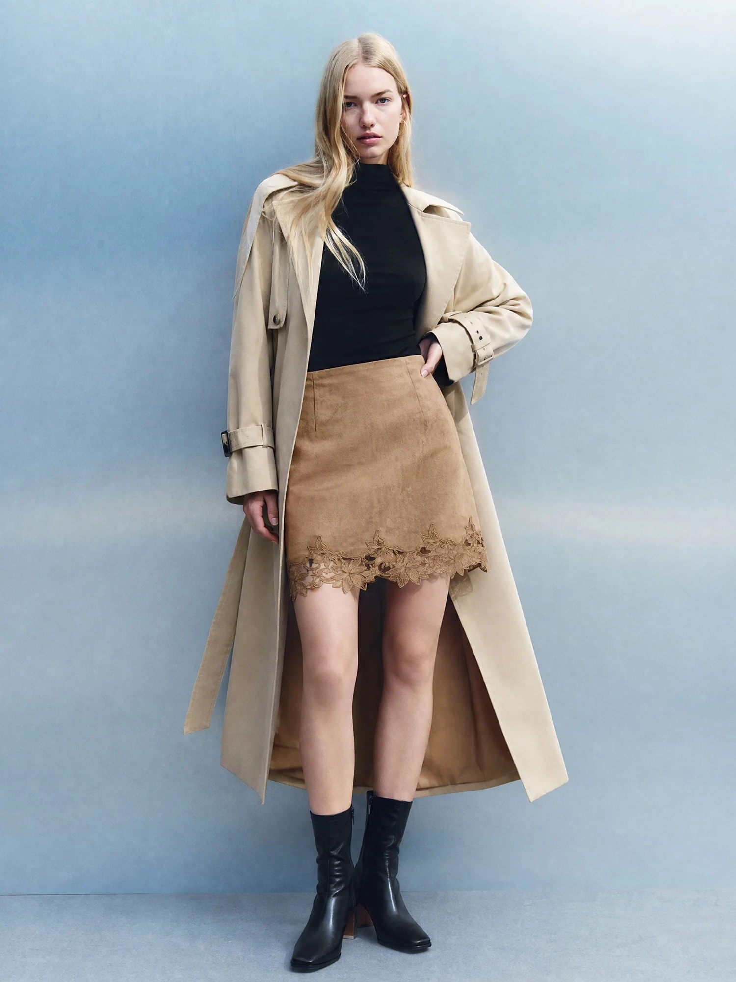 Eco-Friendly Suede  Skirt with Heavy Embellished Lace Patchwork And Half Elastic Waist A-Line Silhouette for Women