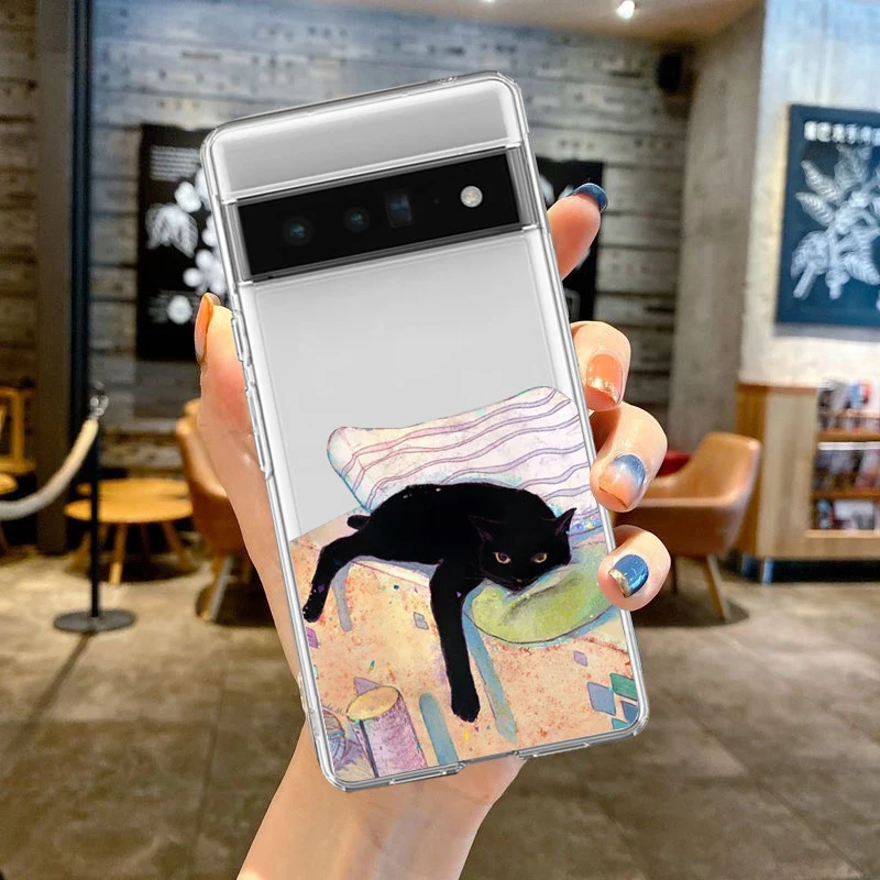 Cute Cat Goblet Drink Couple Phone Case for Google Pixel 9 Pro XL 8A 7 8 Pro 6A Funny Transparent Soft Cover Fundas