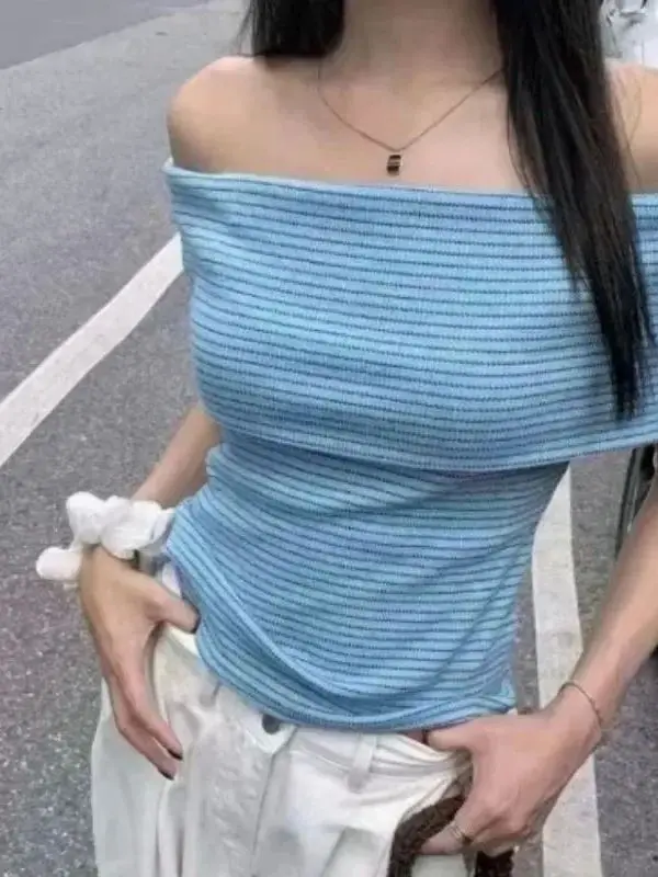 

Color Block Striped off Shoulder One Collar T-Shirt Women's Fashion Breathable Short Sleeve U Neck Pullover Polyester Fiber