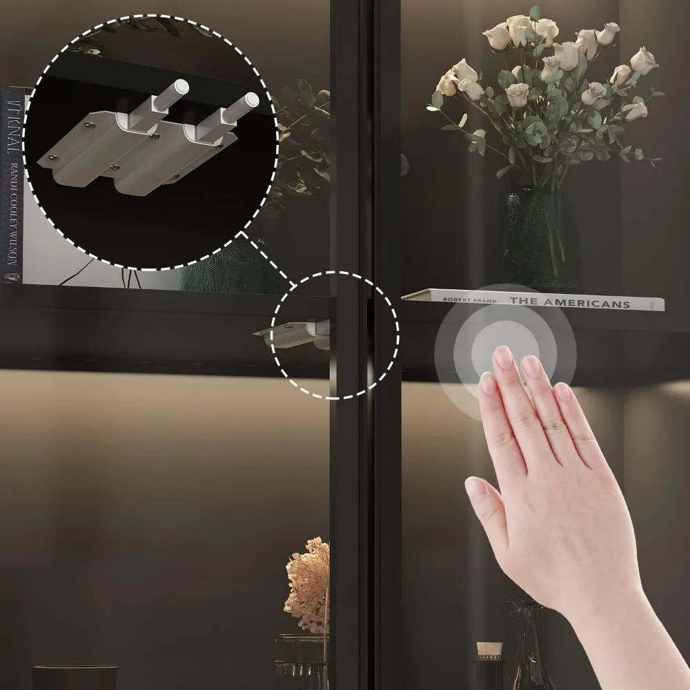 LED-Illuminated 4-Tier Tall Bookcase with Pop-Up Glass Doors, Freestanding Storage Cabinet for Home Display