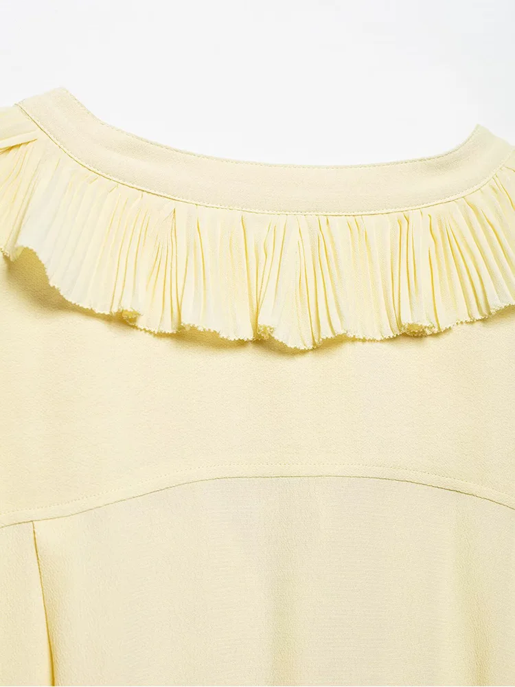 ZAJIA 2025, neue Damenbekleidung, europäischer und amerikanischer Stil, modisch, lockerer V-Ausschnitt, Rüschenwelle, verspielter Stil, Hemdoberteil