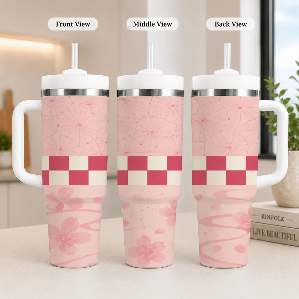 Floral Checker Retro Gift for Women Vacuum Flasks 40oz Leakproof Steel Tumbler w/ Lid Straw Handle Hot Cold Drinks
