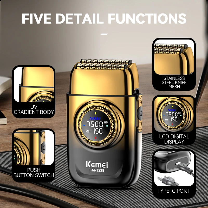 Kemei KM-T228 Dual Floating Head Electric Shaver Portable Electric Shaver Power Motor Smart Touch Men's Grooming Shaver KM-T228
