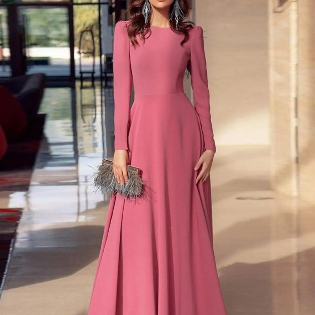 

Flechazo Jersey A-Line Floor Length Evening Dress O-Neck and Long Sleeves Simple Women Custom Made Banquet Party Custom Gowns