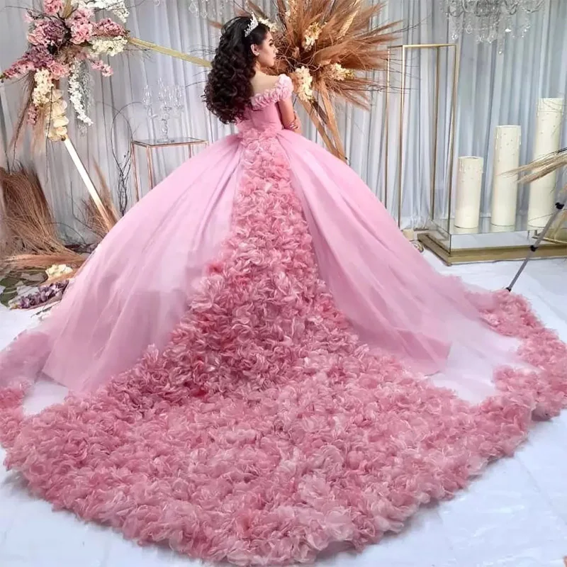 Vestido rosa quinceanera fora do ombro com aplique floral para meninas, doce vestido de 16 anos, vestido de noiva com renda para meninas de 15 anos