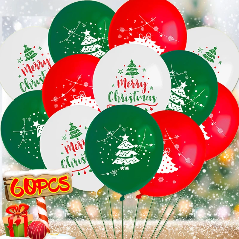 12/60PCS Round Latex Balloons Merry Christmas Tree Green Red Balloon Kids Blowing Toys Home New Year Christmas Party Decoration