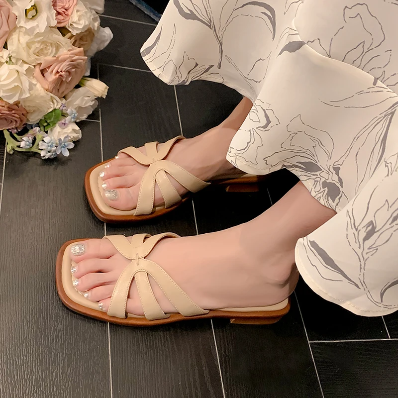 JOZHAMTA Size 34-40 Women Slides Sandals Genuine Leather Soft Low Heels Summer Beach Shoes Casual Home House Slippers Outdoor