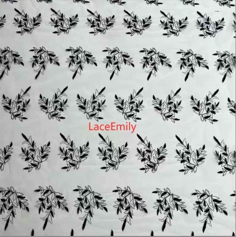 Black leaf flower Embroidery Lace Fabric Floral White beige black Tulle Fabric For Girl Dress Tutu Dress Wedding Dress Bridal