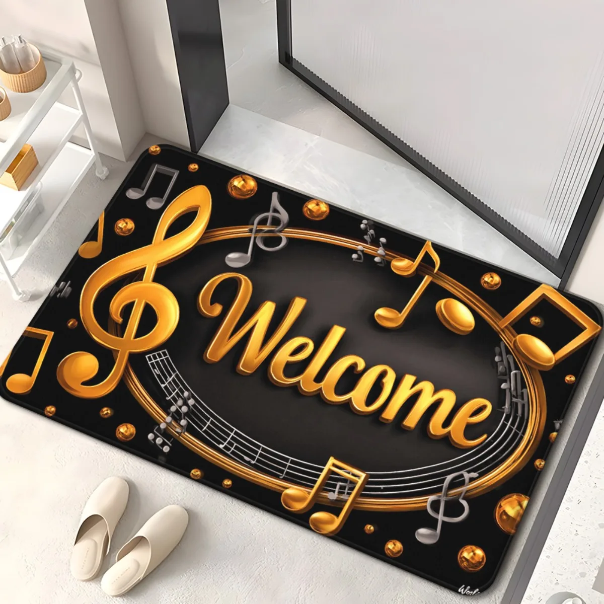 Luxury Gold Music Note Door Mat, Welcome Sign Floor Rug, Non-slip Piano Key Entrance Carpet, Elegant Home Entryway Decor Gift
