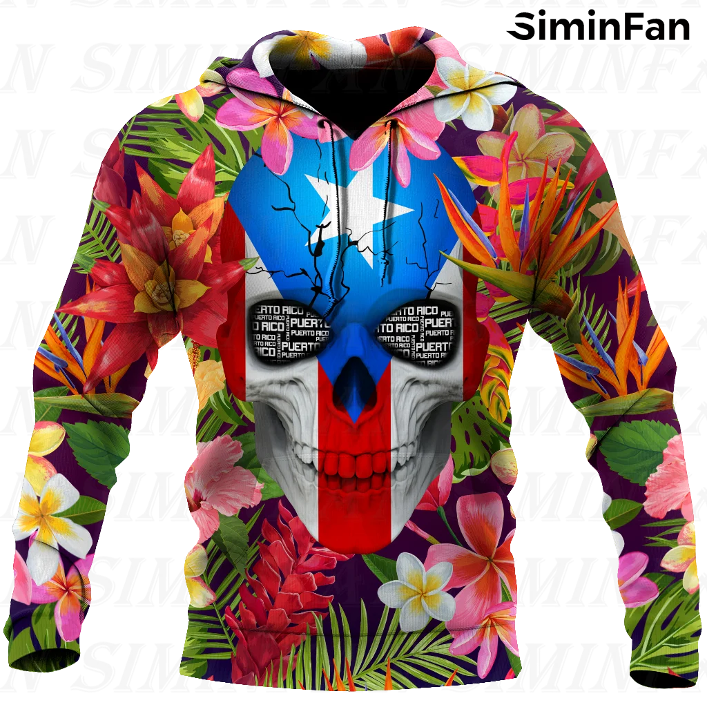 Boricua Puerto Rico Skulls Mens Hoodie 3D Print Zipper Jacket Hooded Pullover Unisex Casual Sweatshirt Women Coat Red Tracksuit