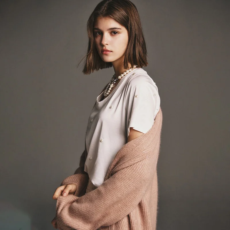 

Универсальная футболка с круглым вырезом и жемчужными бусинами, прямого кроя, в корейском стиле, бренд QPP, весна 2025