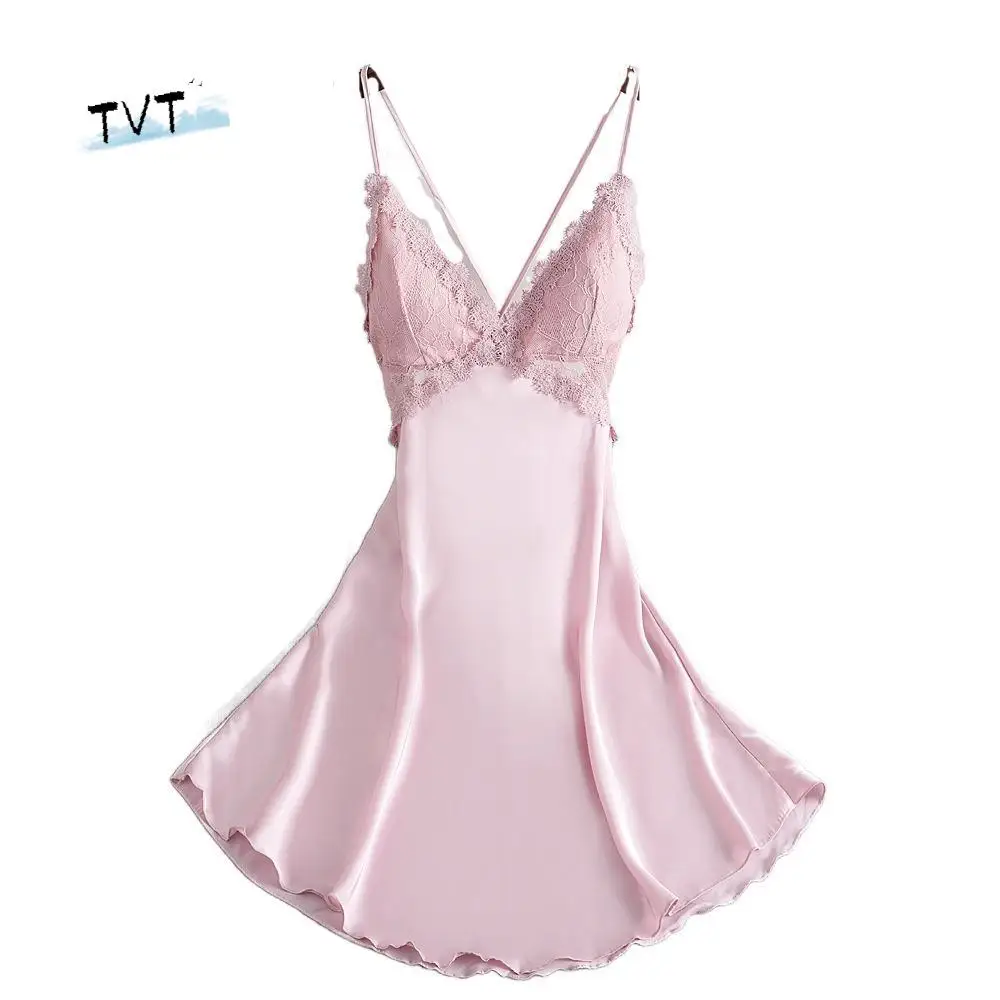 

Lace Women's Pajama Dress Dress with Pads Sleeveless Ice Silk Suspender Nightdress Thin Sleepwear Slim Sling Nightgown Home