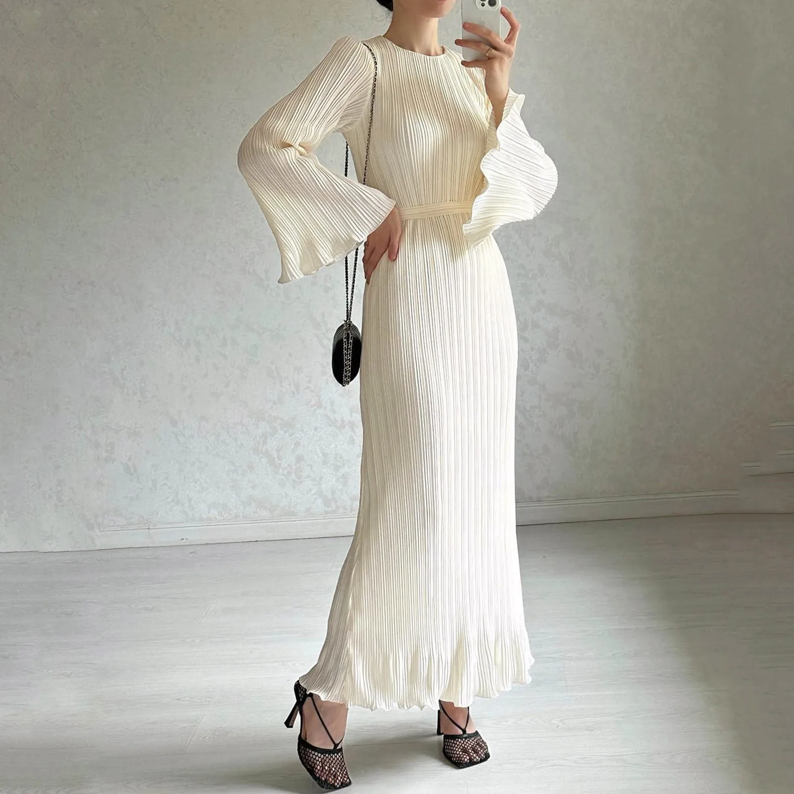 

Fashion Flared Sleeves Lace Hem Maxi Dress Lady Elegant Solid Back Lace Up Long Dress Female Casual Streetwear Club Party Robes