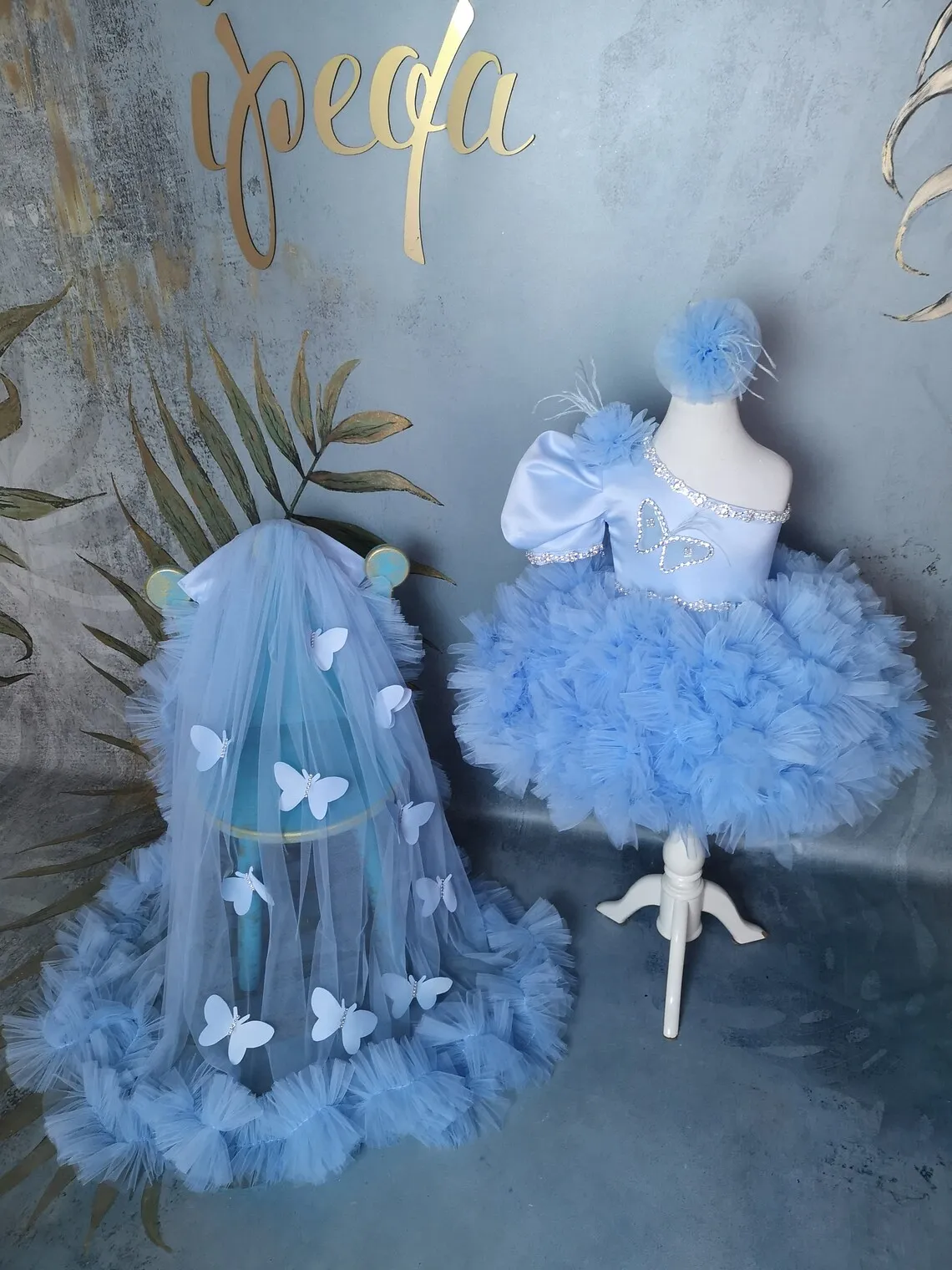 

Sky Blue Tulle Beading One Shoulder Feathers Applique Flower Girl Dress For Wedding Child First Eucharistic Birthday Party Dress