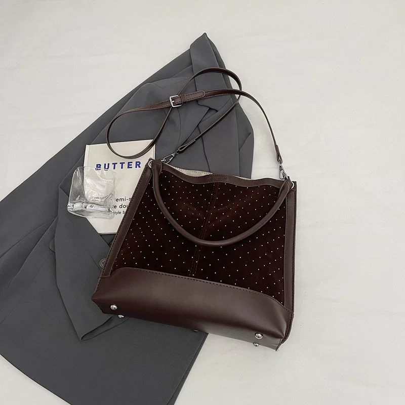 

Wine Rhinestone Faux Suede Tote Bags for Women PU Patchwork Shoulder Handbag Magnetic Button Large Capacity Casual Crossbody Bag