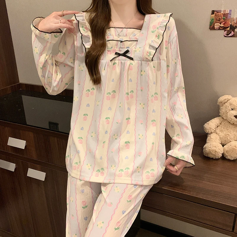 Cute Sweet Women\'s Pajamas Sleepwear Bow Square Neck Female Nightwear Long Sleeved Casual Pyjamas Homewear