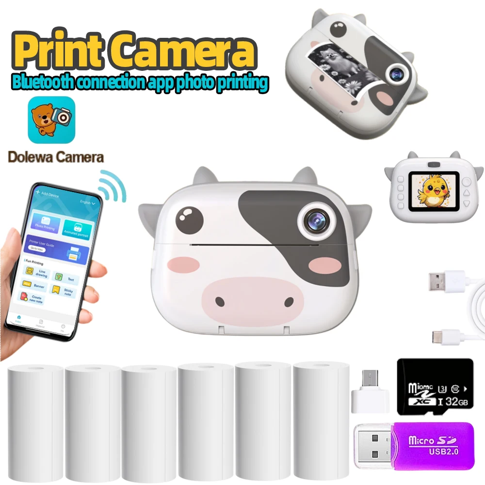 Print Camera for Kids with 32GB 1080P HD Instant Photo Printing Camera Video Machine Inkless Thermal Printer Children's Printer