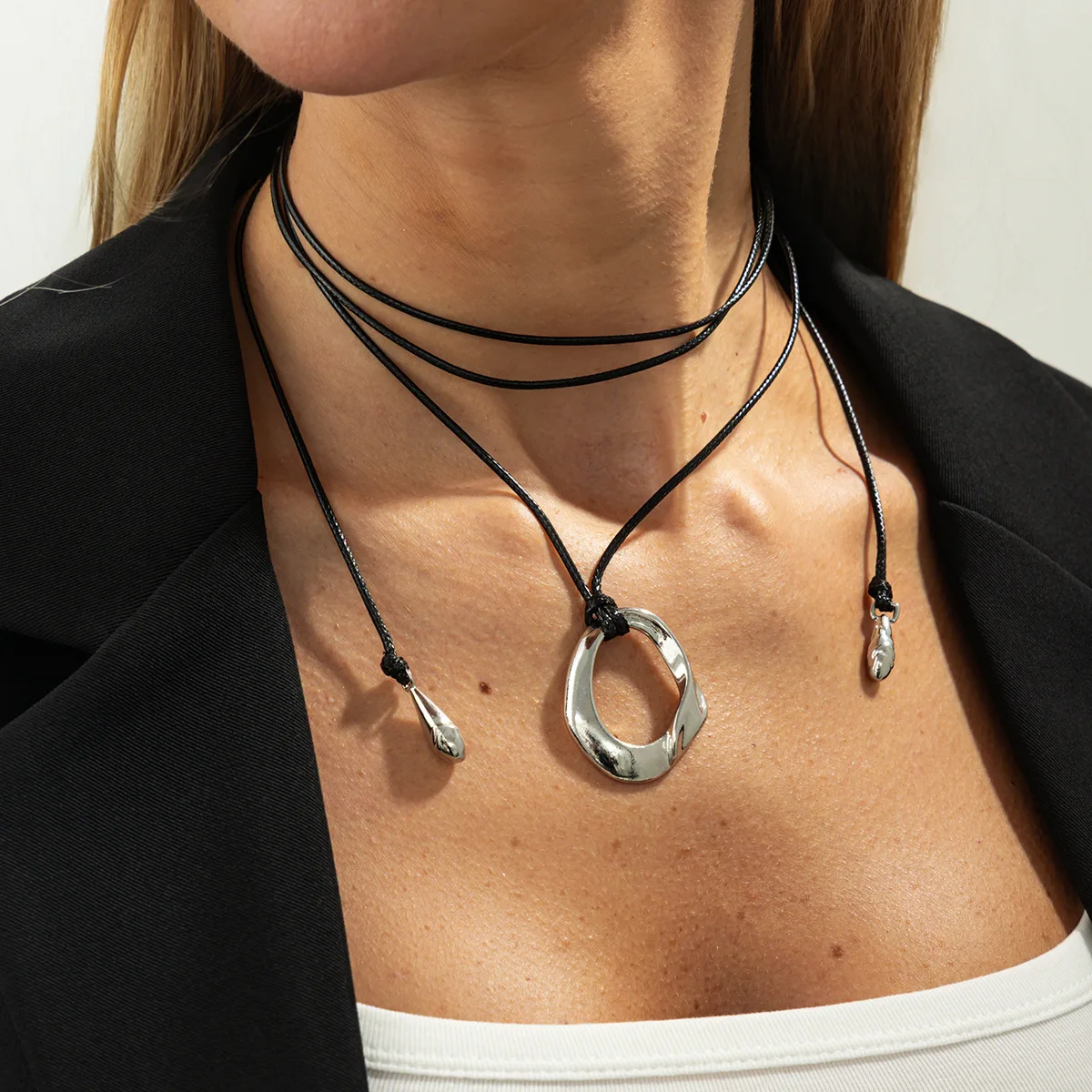 Drop Pendant Necklace Long Twisted Irregular Circle for Women Business Office Sturdy Alloy Silver Tone 60cm Versatile