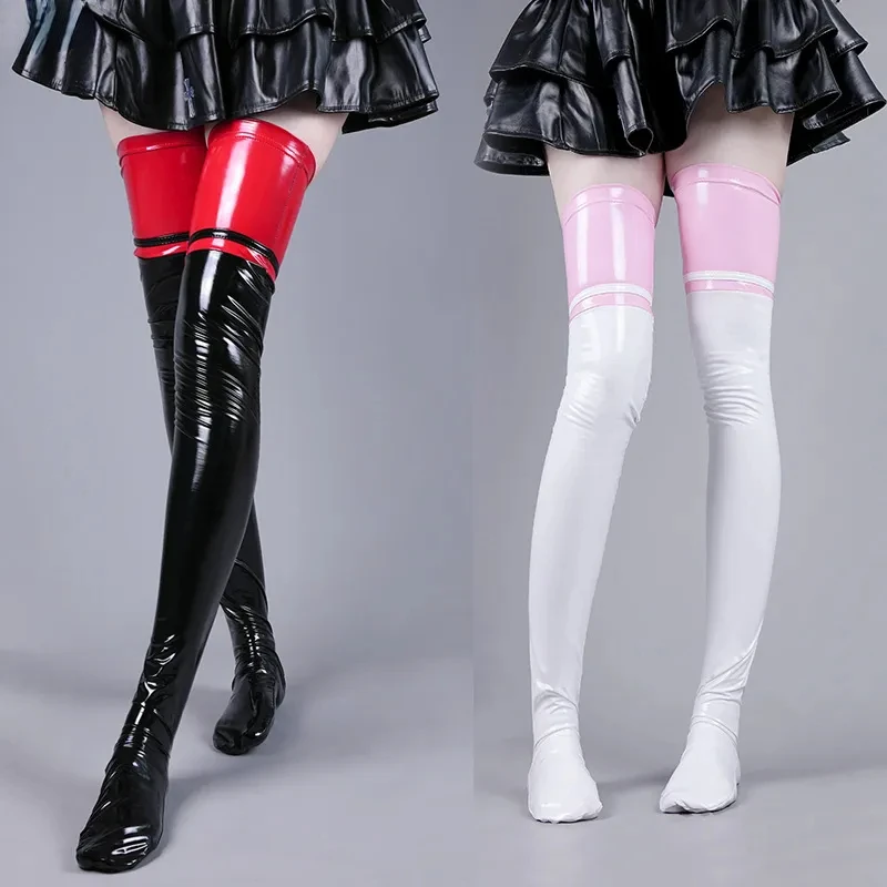 Women Leather Glossy Over Knee Stockings Anime Cute Cat Paw High Thighs Hold-ups Socks Cosplay Accessory Halloween Roleplay Girl