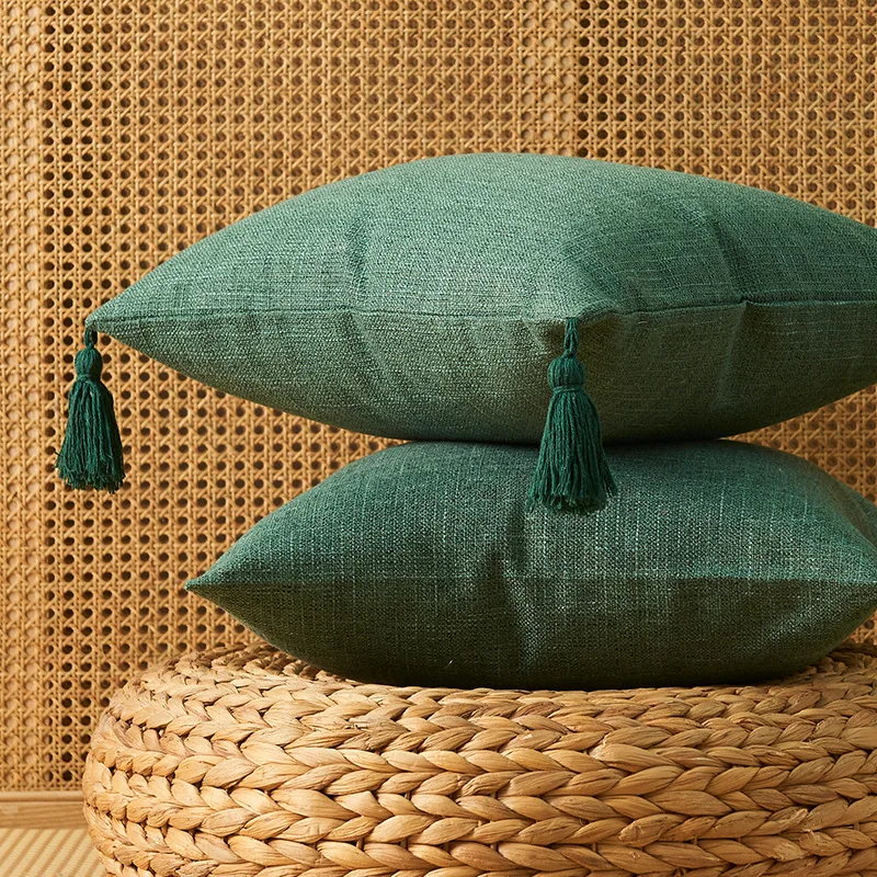 1/2pcs 18x18inch Retro Bohemia Linen Cushion Cover with Tassels Decorative Christmas Green Throw Pillowcase for Home Decor