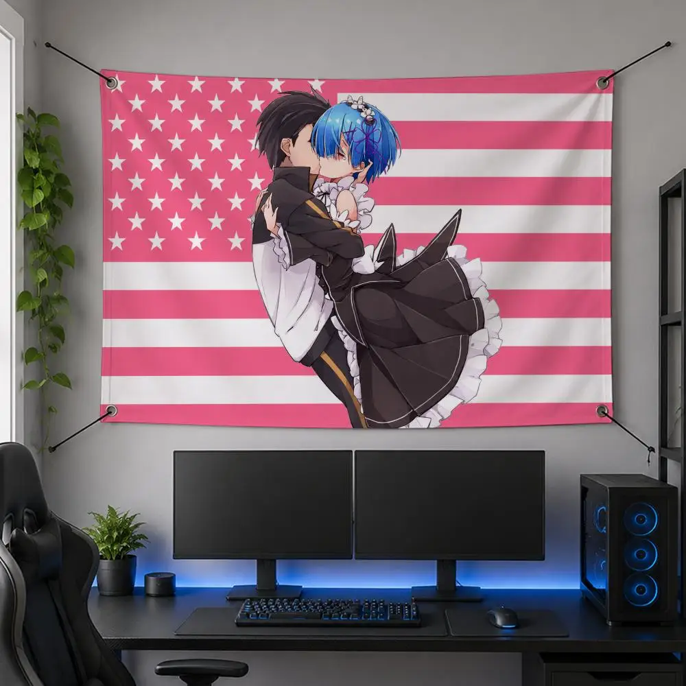 Anime Modern R-Re:ZERO -Subaru Rem Flags Flag Banner for Bedroom Dorm Party Home Living Room Game Room Gift