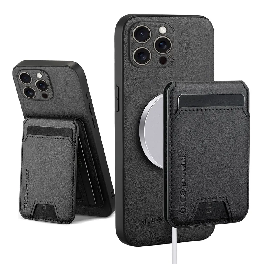 

OLGE Luxury Calfskin 2 in 1 Detachable Card Bag Case for iPhone 16 Pro Max 11 12 13 Pro 14 15 16 Plus 16E Wireless Charging Case