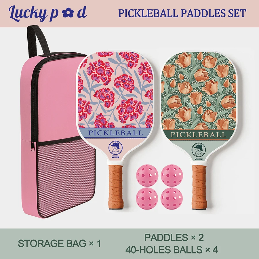Pickleball Paddles Set of 2 Fiberglass Pickle Ball Paddles with 4 Pickle Balls Durable Racket for Beginners Fashion Pattern