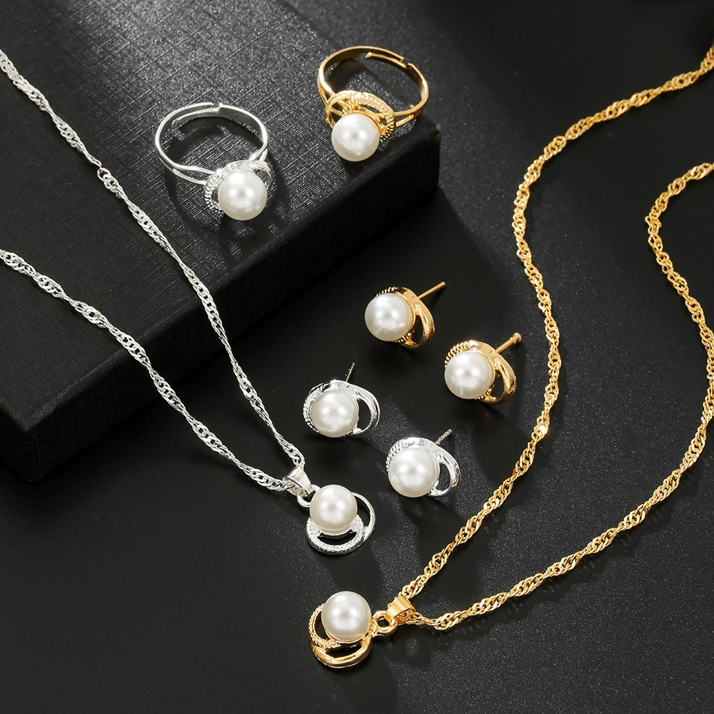 

Fashion Pearl Jewelry Set for Women Dangle Earrings Opening Ring Pendant Necklace Simple Dainty Everyday Wear Accessories