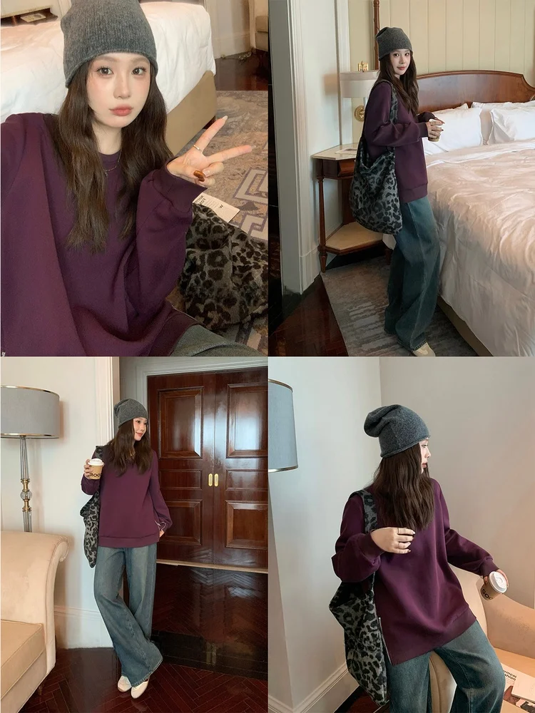 

plus Size Women's Fce Lined Thiened Hoodie Purple In-Sle oulder Fit Straight Tube for Plump Sister Winter Versatile ...
