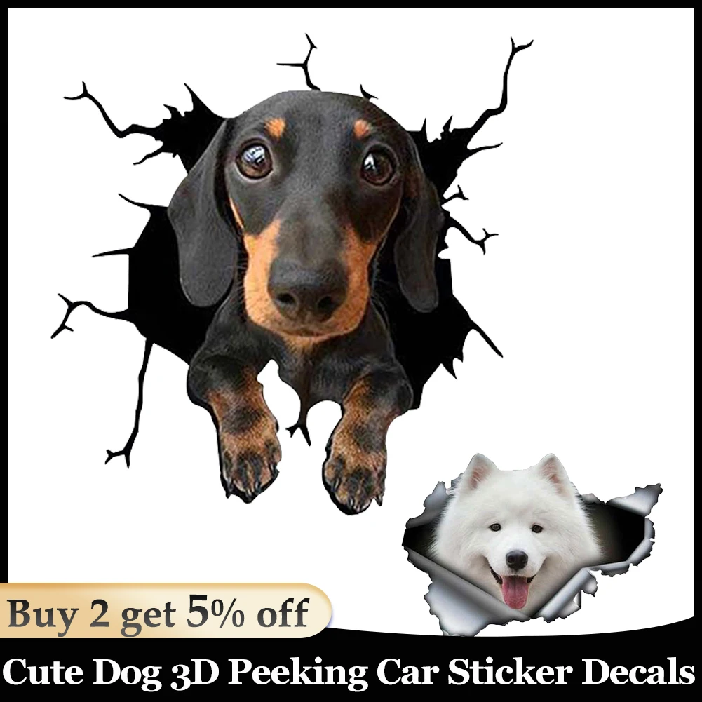 3D Lovely Pet Dog Car Sticker Pug Samoyed Dachshund Dog Torn Metal Sticker Waterproof Car Styling Pet Dog Decal 8x4inch