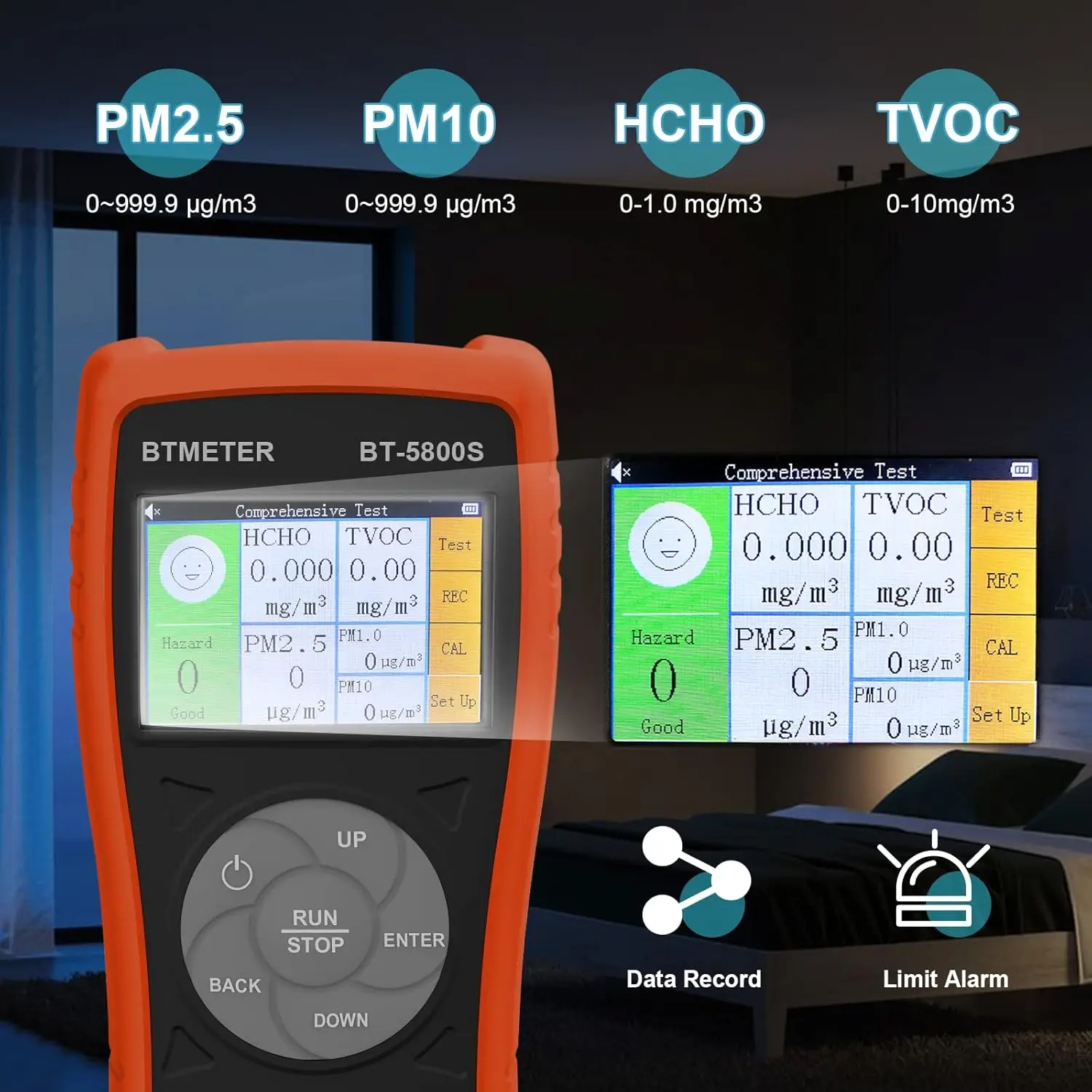 BT-5800S Monitor della qualità dell'aria-rilevatore di formaldeide, PM2.5, PM10 per uso domestico, in ufficio e industriale, misura HCHO, TVOC