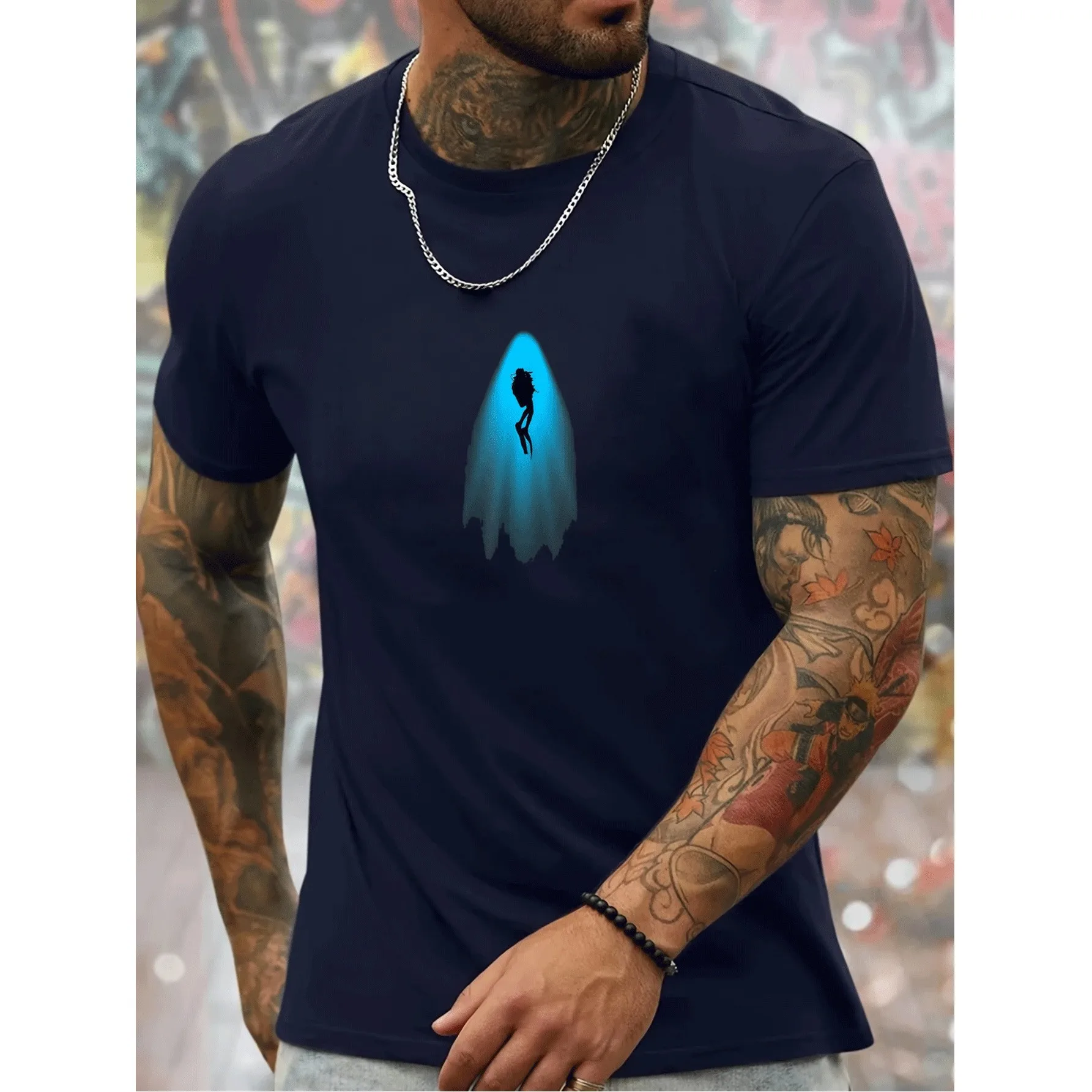Deep Sea Diver Silhouette Graphic Men's Cotton T-Shirt Breathable Short Sleeve Crew Neck Casual Tee