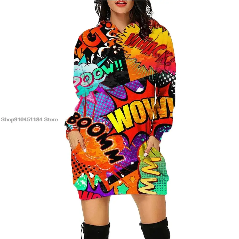 Retro Women Hoodie Dress Painted Print Pattern Bohemia Daily Workout Hoodies Long Sleeve Pullover Autumn Winter Loose Tops