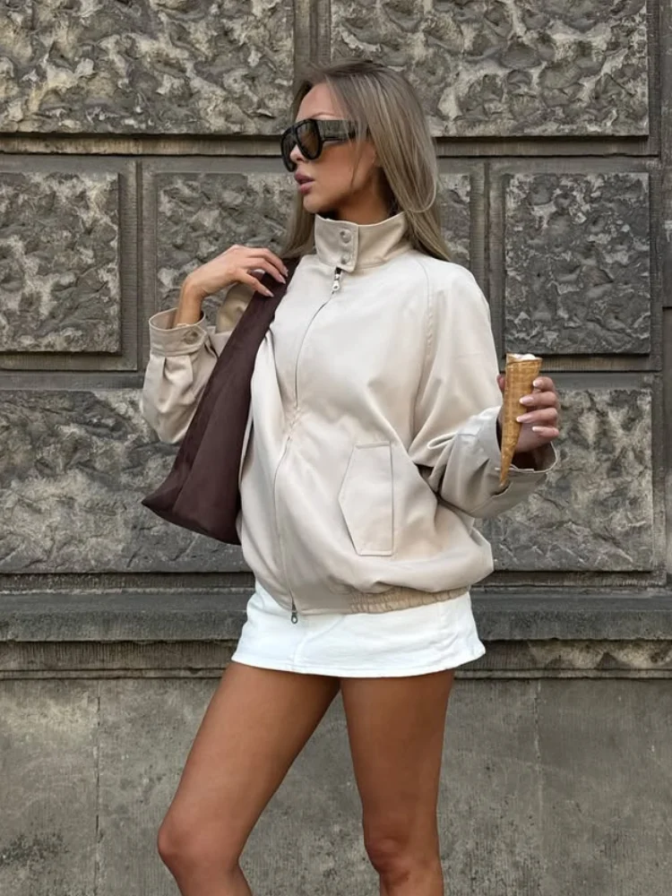 

Women's Solid Stand Collar Short Jacket Zipper Long Sleeve Pocket Loose Coat Casual Lady Autumn Daily Commuting Street Outwears