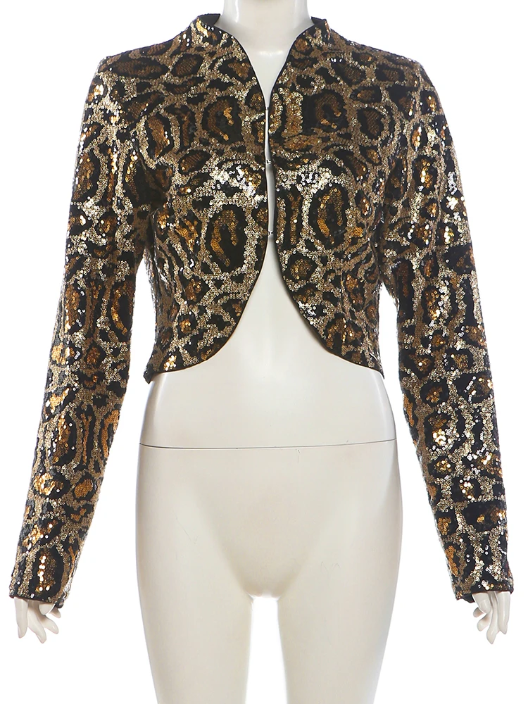 Weird Puss Leopardenmuster-Paillettenjacke für Damen, modisch, einreihig, lange Ärmel, Herbsttrend, Hottie Street Party Crop-Übermantel – Detail 4