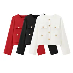 2024 Autumn New Women's Fashion Style Loose and Casual Long Sleeve Round Neck Gold Button Short Coat