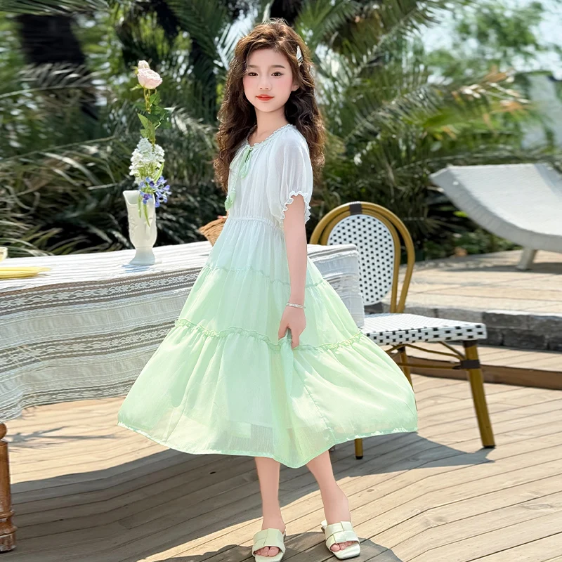 2025 New Summer Girls' Chiffon Skirt Short Sleeve Children's Castle Birthday Princess Dress Student Holiday Beach Long Dress