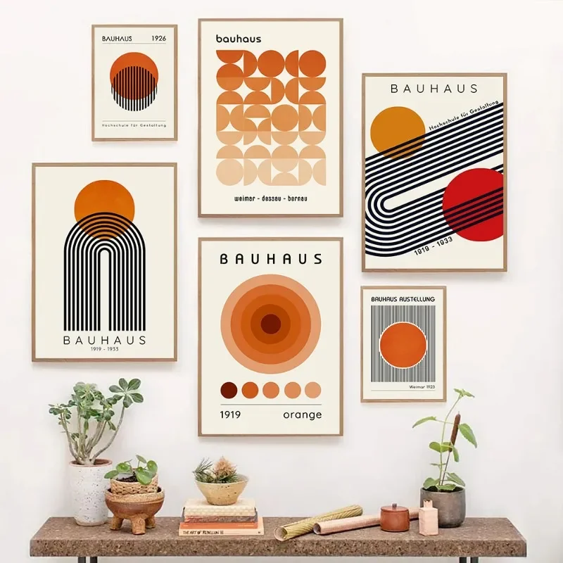 Bauhaus Exhibition Geometric Poster - Abstract Orange Minimalist Canvas Print for Living Room Wall Decor