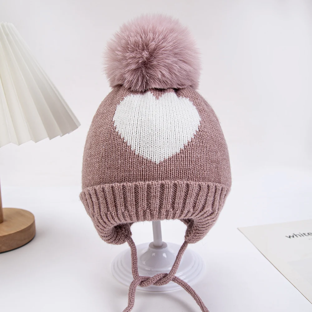 Cute Pompom Baby Turban Hats Heart Knitted Caps Boys Girls Beanies 0-3T Autumn Winter Kids Headwraps Bonnets Hair Accessories