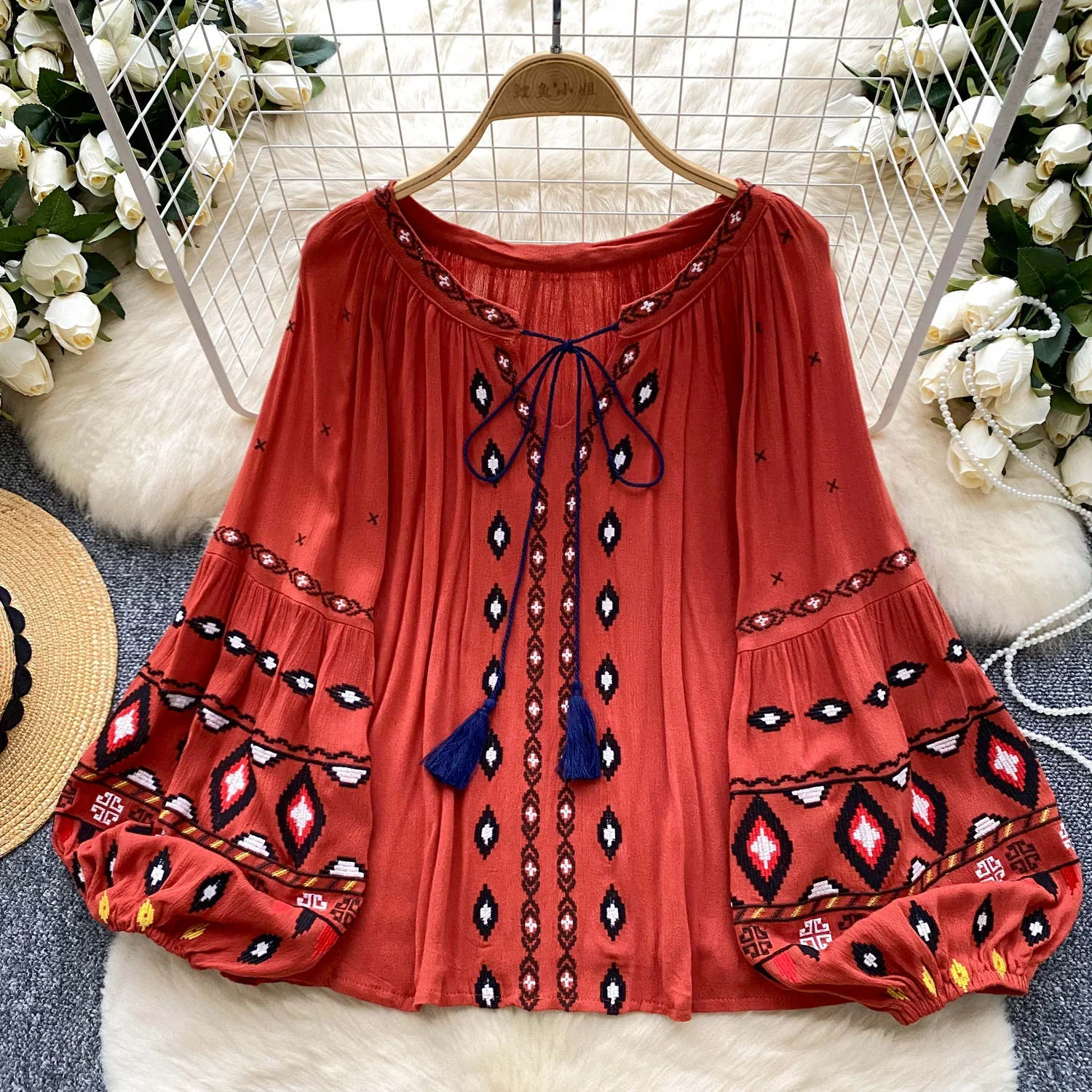 Chic Casual Puff Embroidered Lantern Sleeve Long Sleeve Lace-up Blouse Slim Sexy Sweet Shirt Women Indie Folk Fashion Y2k