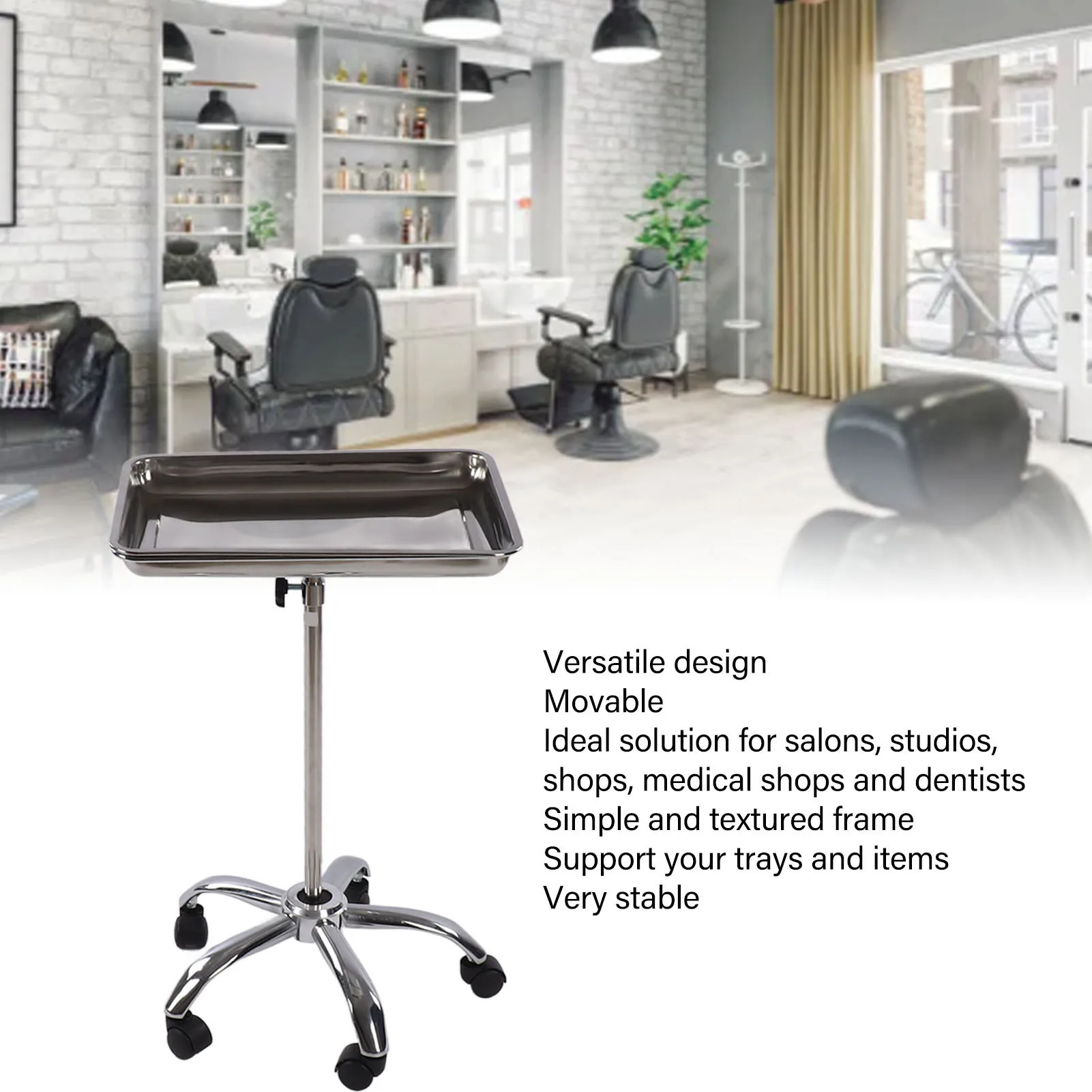 Salon Tray with Wheels Metal Stainless Steel Liftable Moveable for Medical Hairdresser Instrument