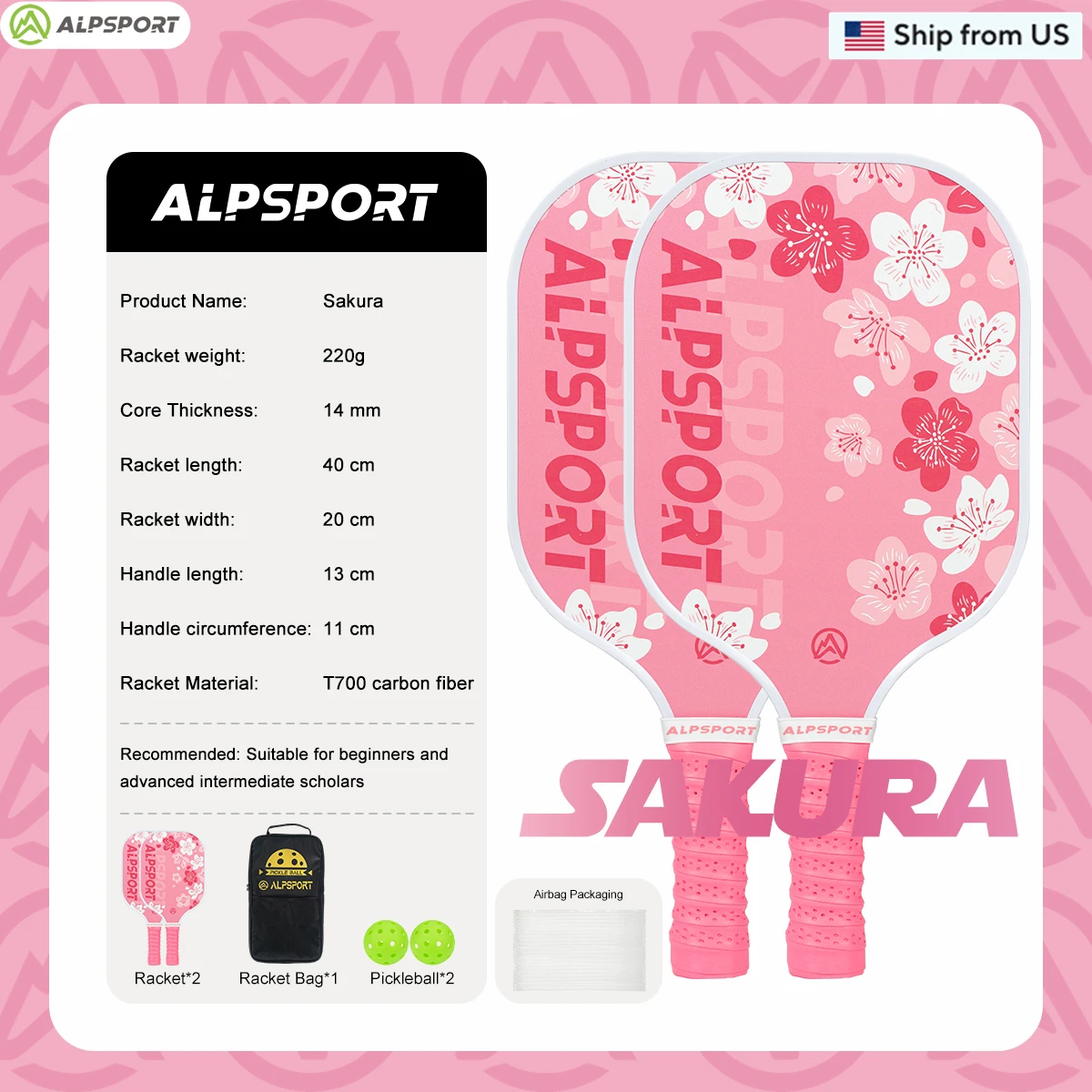 

​​ALPSPORT Sakura USAPA T700 Pickleball Paddle Women's With 2 Free Balls​​ Carbon Fiber Beginner-Friendly Pro Training Set Pink