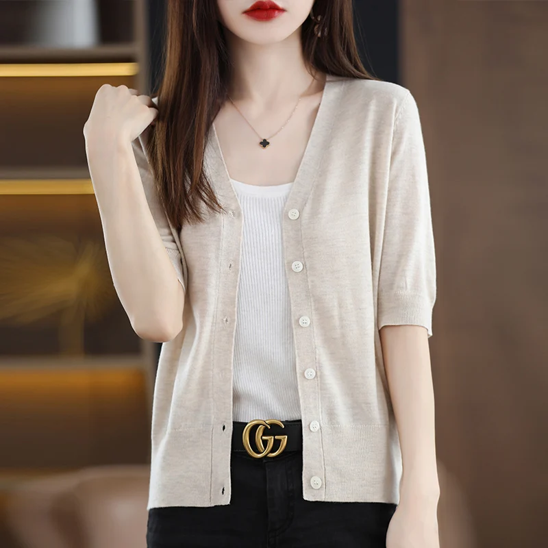 Women 100% Bamboo Fiber Knitted Cardigan 2024 New Short Sleeve Thin Shirt Summer V-Neck Basic For Female Soft Shirt Girl Clothes