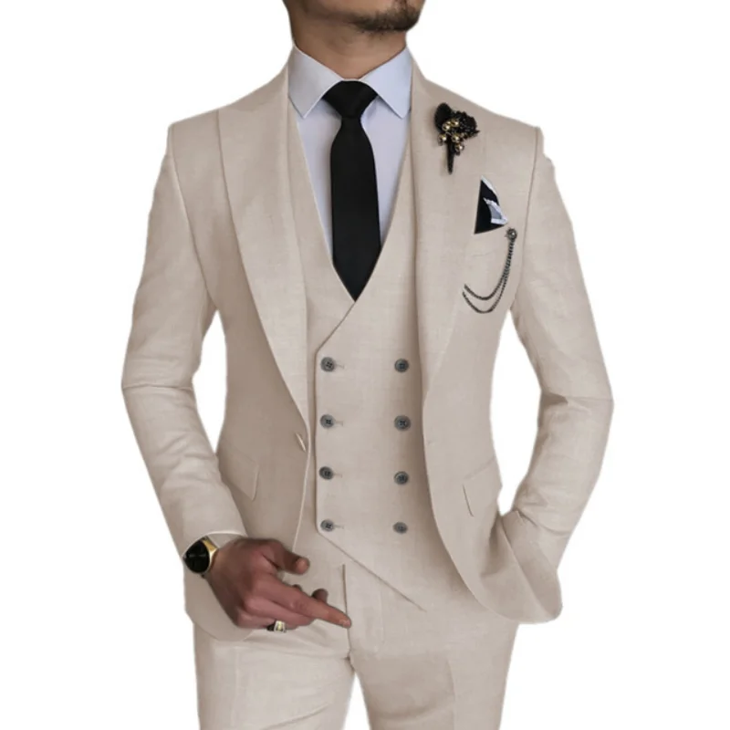 Lansboter Beige Men Suits 3 Pieces Slim Formal Peak Lapel Fit Wedding Business Evening Suit Jacket Vest With Pants