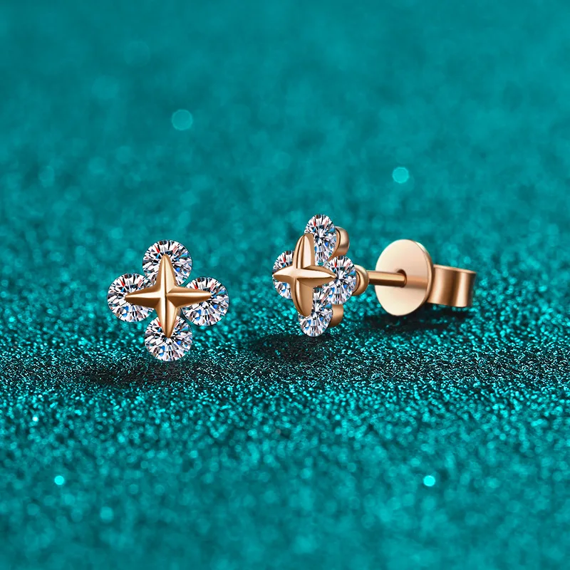 BOCAI NEW S925 Pure Silver Simple And Sweet Inlaid With Moissanite Champagne Gold Stars Movable Earrings