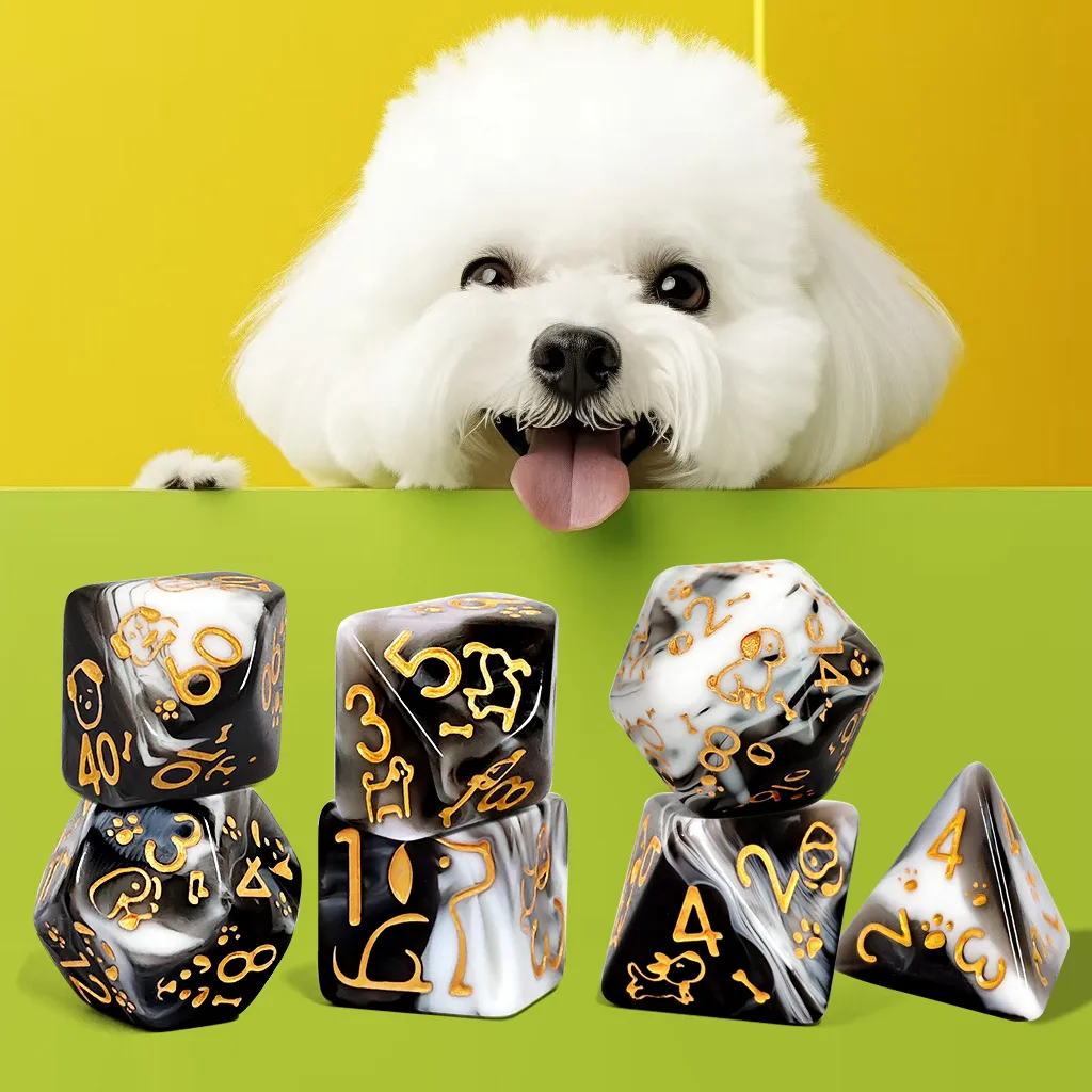 DND Dice Set 7PCS Black White Pet Cat Dog Paw Polyhedral Dice with Gold Ink for Dungeons & Dragons RPG Board Games