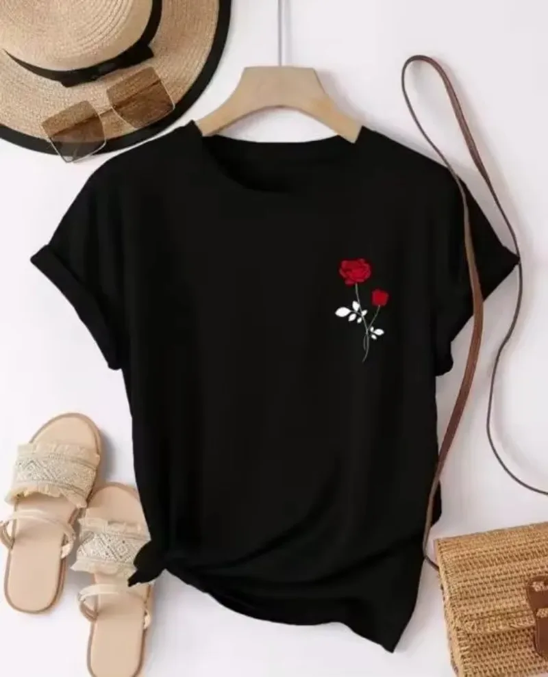 Women Minimalist Casual Daily Tee Red Rose Chest Graphic Printed Crew Neck Short Sleeve Effortless Chic Female High Qaulity Tops