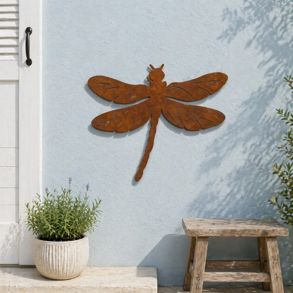 2D Flat Rust Patina Iron Art Dragonfly Wall Hanging, Minimalist Weathered Rusty Metal, Farmhouse Home Decor Gift