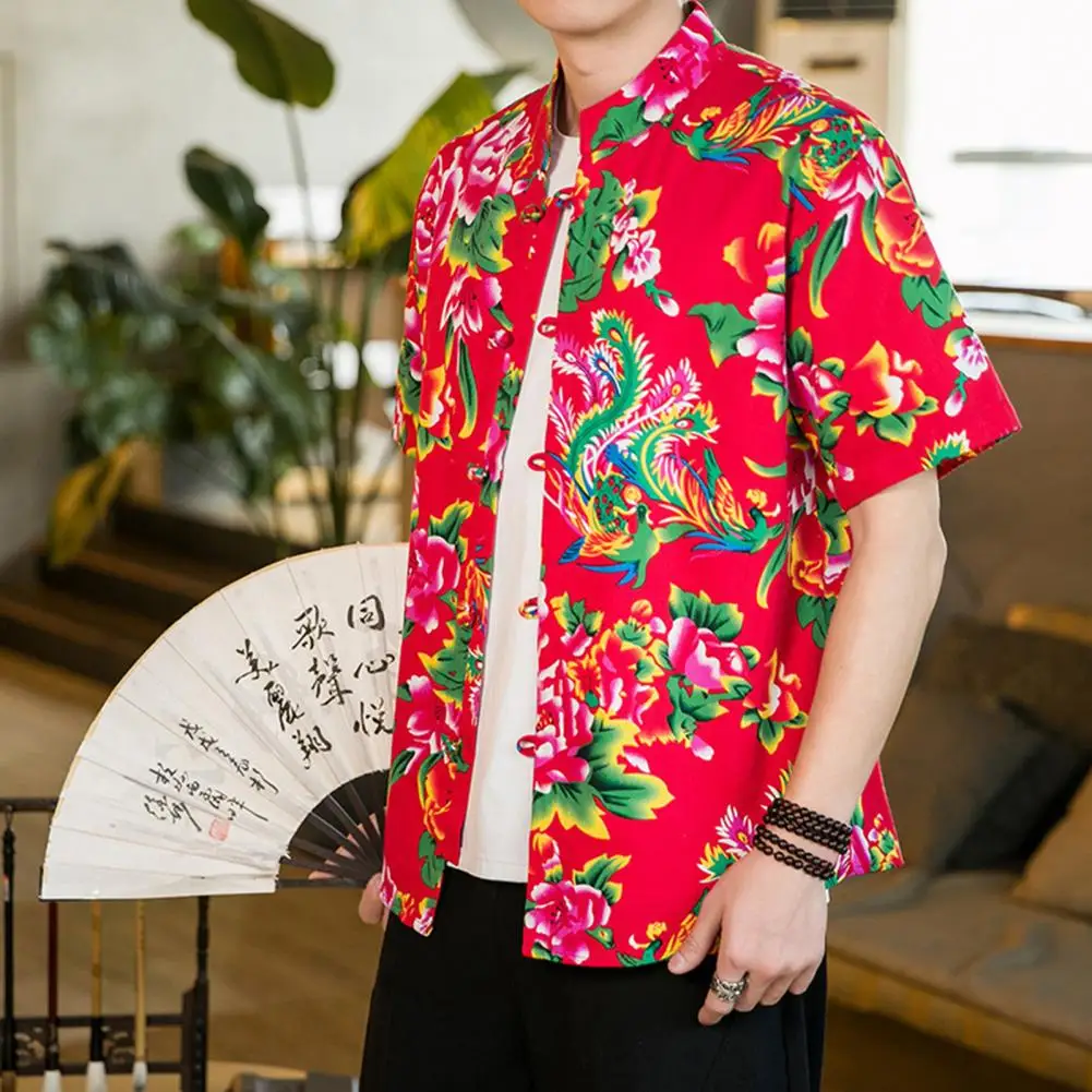 

Men Lightweight Summer Shirt Vintage Chinese Style Men's Summer Shirt with Northeastern Flower Pattern Stand Collar Button