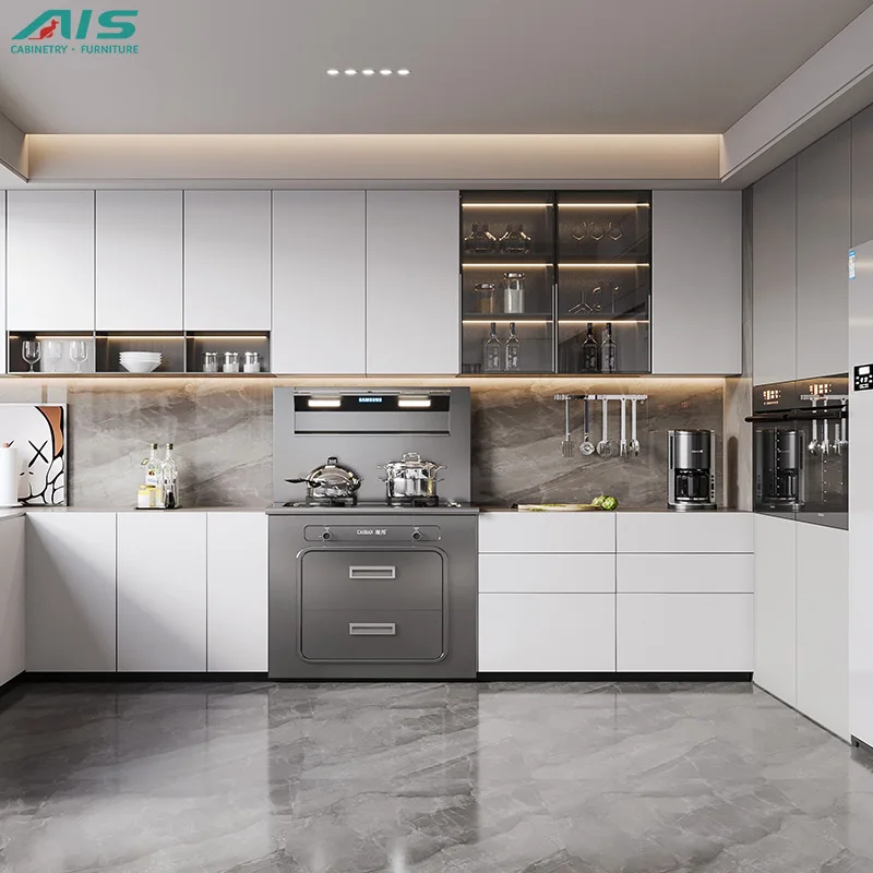 

Ais Living Modern New Design Luxury Style Gold Aluminium Pvc Cuisine Complet Kitchen Cabinet for Customised Furniture Sets